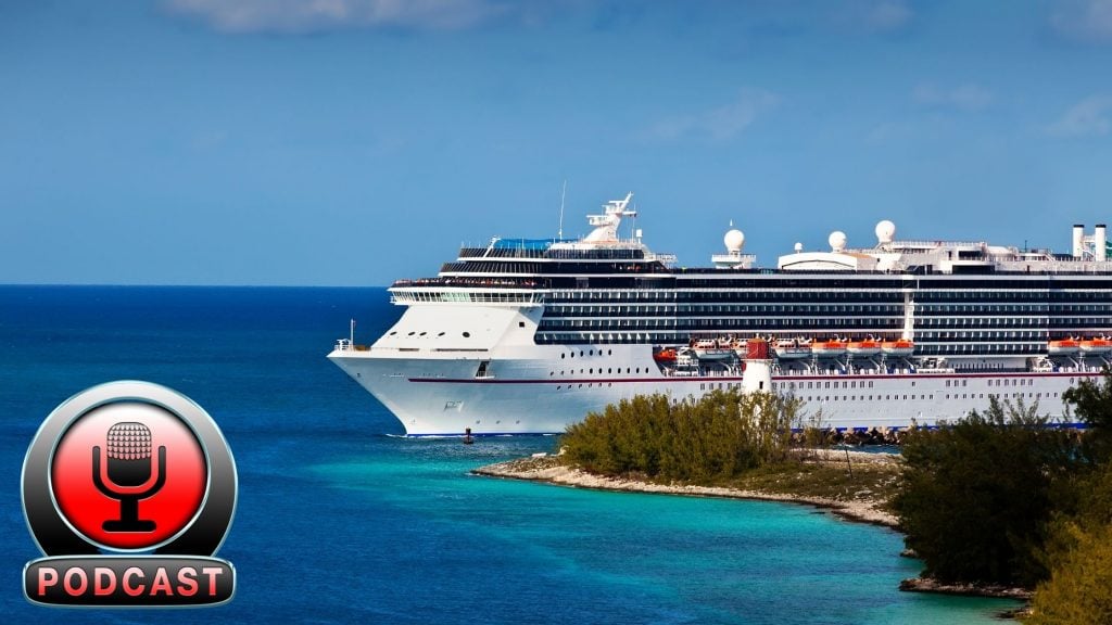 Photo of a cruise ship with a podcast icon on the bottom left corner. Cruise podcast.