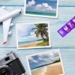 Travel vacation background with sun hat, camera, passport, airplane toy, weekend photos and essential medical items