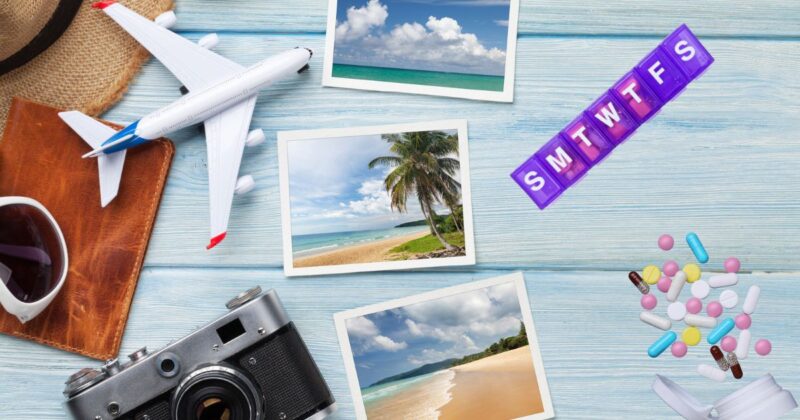 Travel vacation background with sun hat, camera, passport, airplane toy, weekend photos and essential medical items