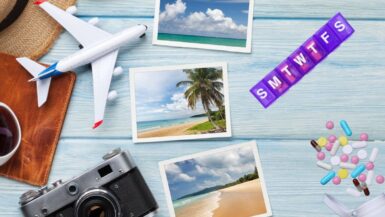 Travel vacation background with sun hat, camera, passport, airplane toy, weekend photos and essential medical items