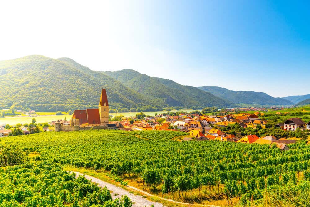 Scenic view of Weissenkirchen in der Wachau, Austria, featuring lush vineyards, a historic church, and rolling hills along the Danube River in the Wachau Valley.