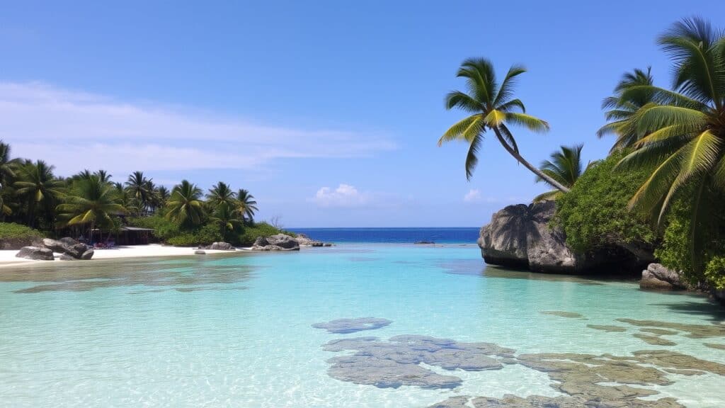 A scenic view of a hidden beach with clear blue water and palm trees.