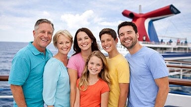 Multigenerational family walking on a cruise ship deck, illustrating the Carnival Cruise Line minor policy and cabin planning for families traveling together.