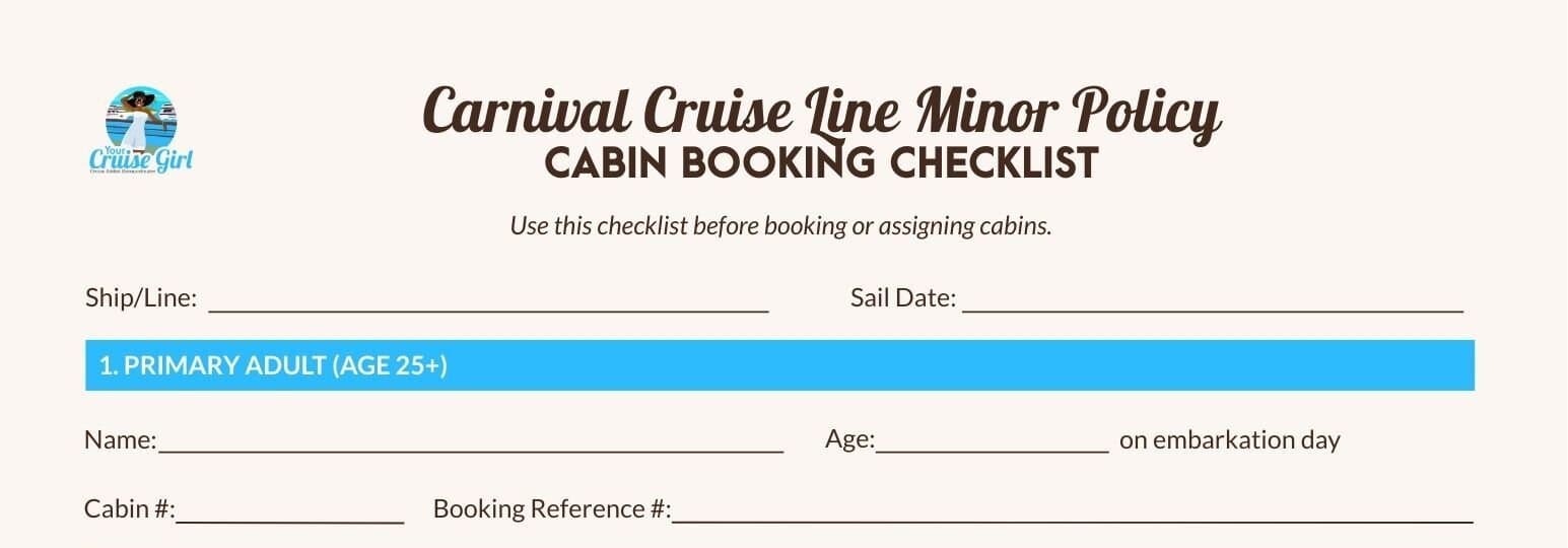 Carnival Cruise Line Minor Policy Cabin Booking Checklist available for download.