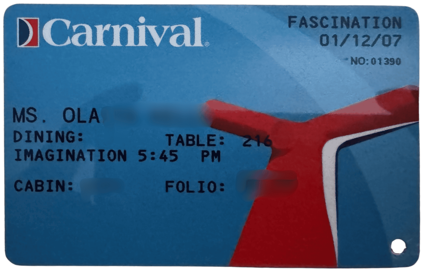 Original blue Carnival sail and sign card from Carnival Fascination, representing early VIFP loyalty days before Carnival Rewards.